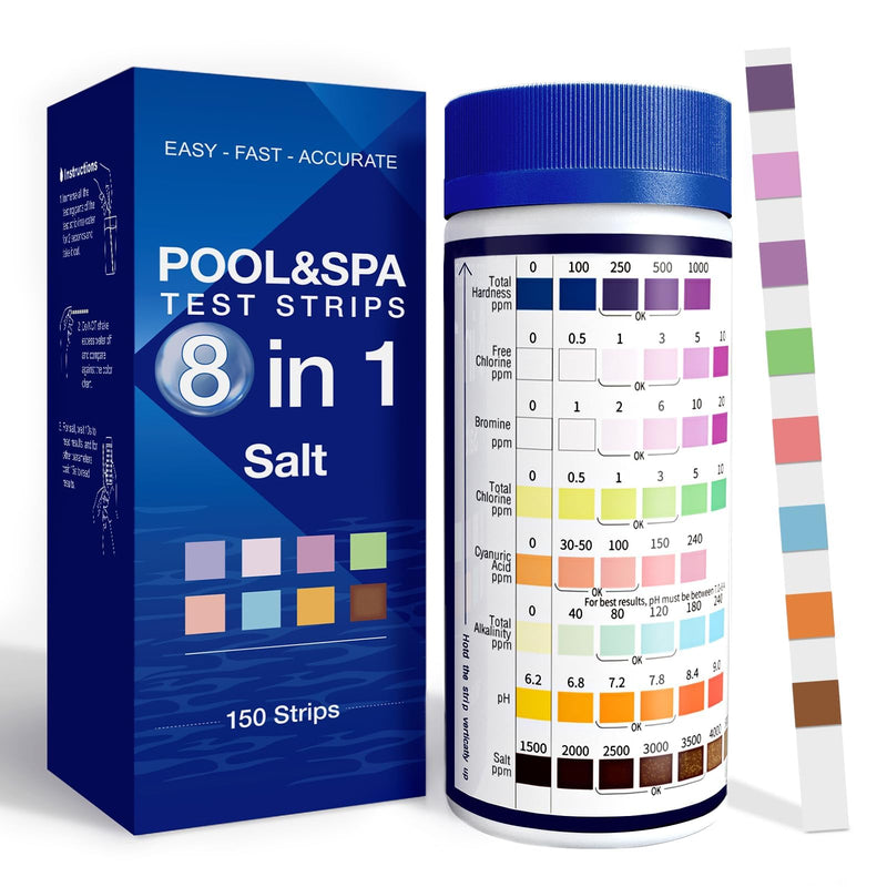 [Australia - AusPower] - 8 in 1 Pool Test Strips, 150 Strips Professional Water Test Kits for Hot tub & Spa, Accurate Test Bromine, Total Alkalinity, PH, Free Chlorine, Total Hardness, Total Chlorine, Cyanuric Acid and Salt 8 in 1 Pool Test Strips 