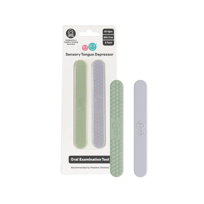 [Australia - AusPower] - ezpz Sensory Tongue Depressors - All Ages (2 Pack in Sage/Pewter) - Silicone/Stainless Steel Tongue Depressor for Visibility Into The Mouth + Healthy Oral Care Routine 