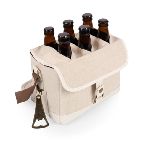 PICNIC TIME Beer Caddy, Drink Caddy and 6-pack Cooler Tote, Drink Carrier with Handle, Bottle Opener, Removable Divider, Shoulder Strap Gifts for Beer Lovers, (Beige) Beige