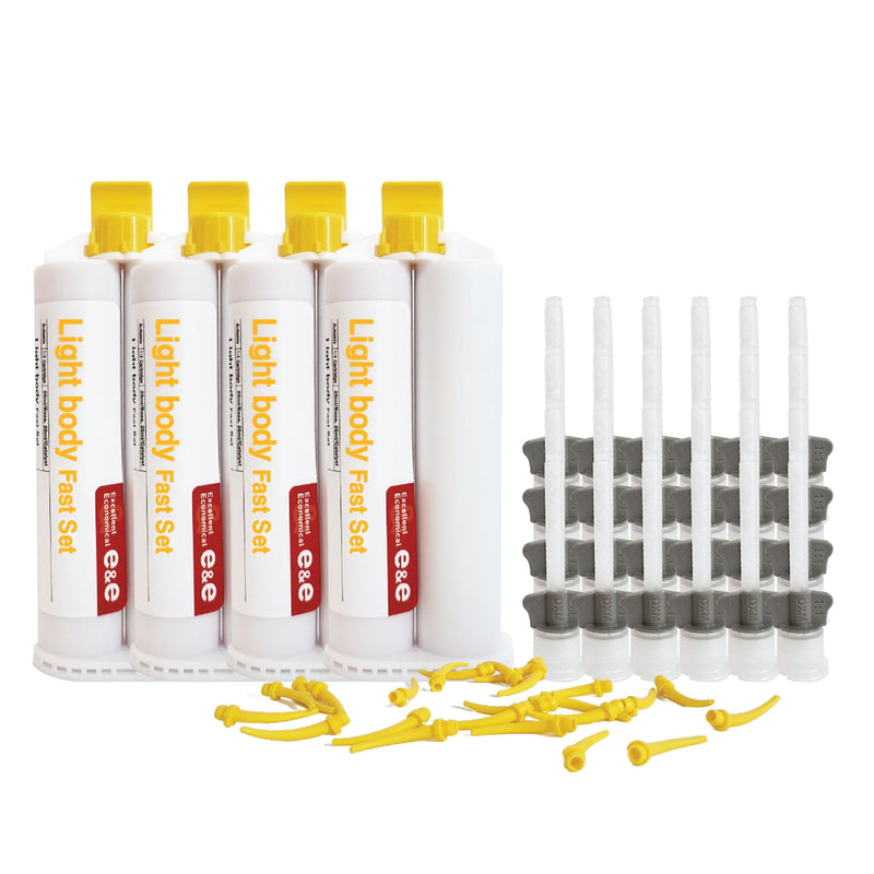 [Australia - AusPower] - E&E Light Body Fast Set – 4 x 50ml Cartridges + 24 Mixing Tips + 24 Intraoral Tips – 40 Sec Working Time, 2 Min Setting Time – Fast, Precise Material 