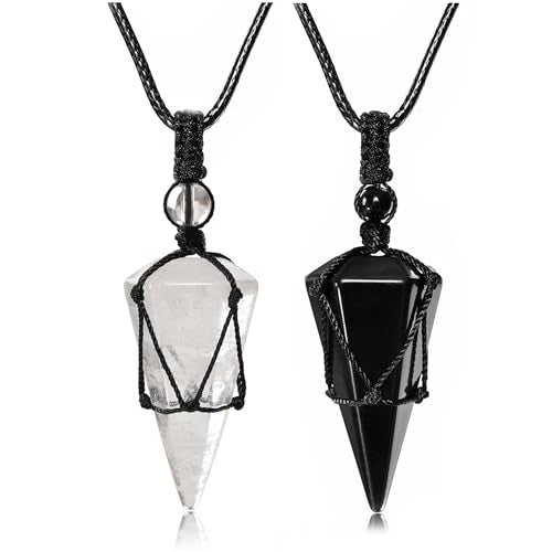 Top Plaza Mens Necklace Gemstone Crystal Protection Pendant Necklace, 2 Pcs Black Rope - Clear Quartz+Black Obsidian
