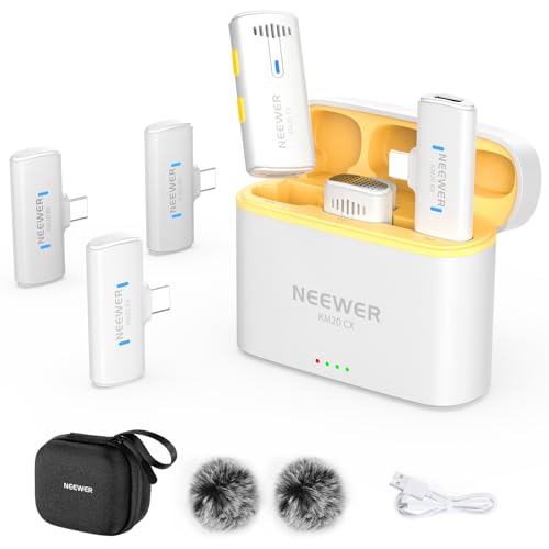 NEEWER Wireless Lavalier Microphone System for iPhone, Mini Clip on Lapel Mic Set with 2 USB C Transmitters/4 Receivers/OTG Adapter Compatible with iPhone Android Phone Computer Tablet, White, KM20 White KM20