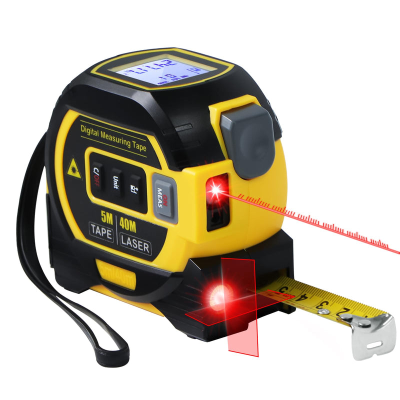 Laser Tape Measure 3-in-1 with Large LCD Display | Digital Laser Measurement Tool in/ft/m Scales up to 131ft/40M with calculations | Tape Measure 16ft/5M and Cross Line Laser Yellow