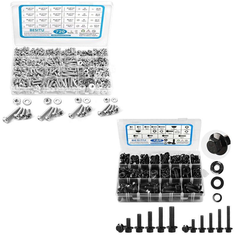 [Australia - AusPower] - 720Pcs Machine Screw Assortment Kit and 280Pcs Metric Flange Bolt Assortment 