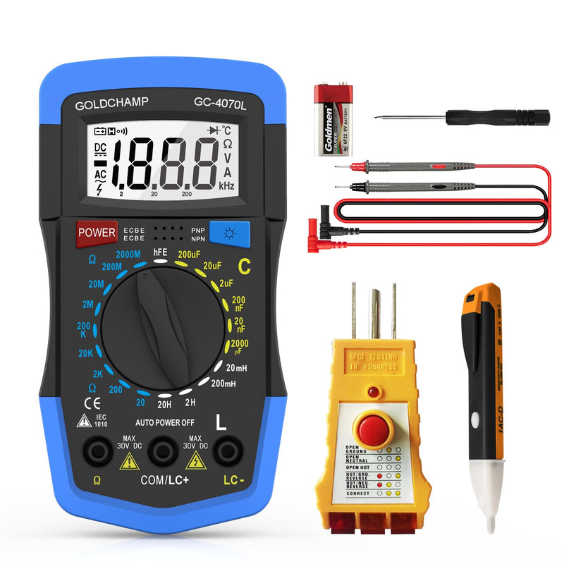 [Australia - AusPower] - Electrical Test Kit, 2000pF~200μF Capacitor Tester, Outlet Tester, Non-Contact Test Pen with Multi-Function Circuit Detection, Manual Range, Back Light, Auto Off for Electrician, DIY & HVAC 4070L-Set 