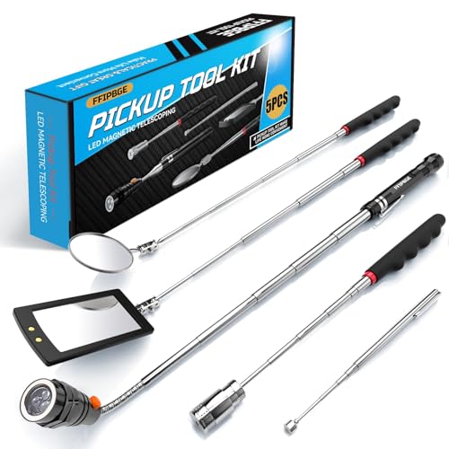 FFIPBGE 5-piece magnetic pickup tool set with pickup rods, magnetic flashlight, and swivel inspection mirrors