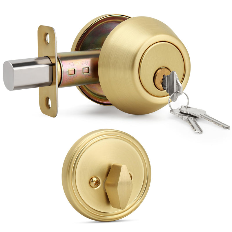 Single Cylinder Deadbolt, Keyed Front Door Lock, Satin Brass | Keyed exterior deadbolt with thumb turn, adjustable latch, standard door fit, satin brass finish