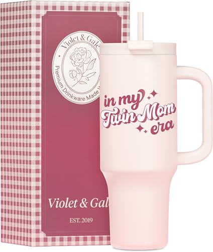 Violet & Gale Twin Mom Gifts - Retro Collection - 40oz Insulated Tumbler with Handle, Twin Mama Coffee Mug Water Bottle, In My Era Cup for Mothers Day