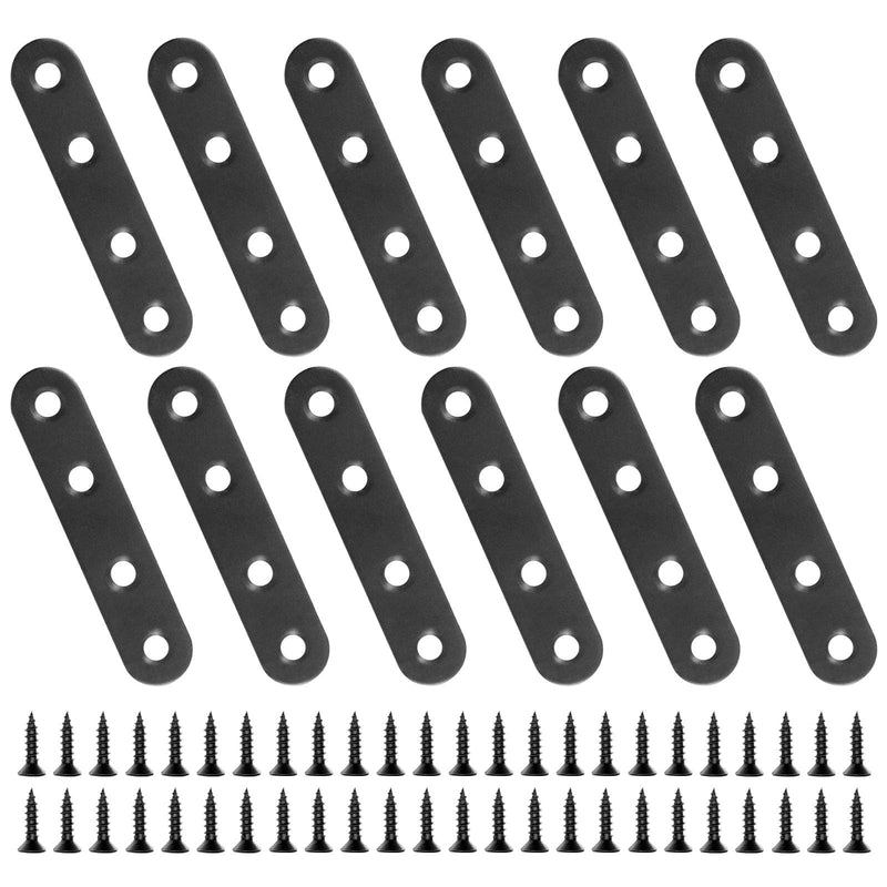 [Australia - AusPower] - 12 PCS 2.99'' x 0.63'' Stainless Straight Flat Brackets, Black Flat Metal Brace Bracket, Support Flat Metal Brace for Wood Furniture, Mending Plate Connector Joining Bracket for Fence,48 Screws 12 