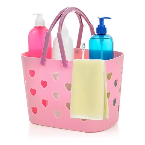 Portable Shower Caddy Basket with Handle, Large Capacity Plastic Shower Storage Tote Bathroom Organizer with Drain Holes for Shampoo Soap Toiletries Space Saving Lightweight for Bathroom Gym (Pink) Pink