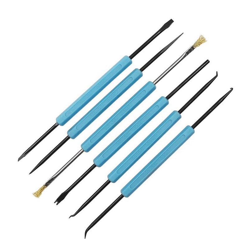 IKOPFLN 6 in 1 Blue Double-Sided Solder Assist Disassembly Tool, Hex Grip Solder Assist Fork + Reamer + Chip Hold + Brush + Needle + Hook