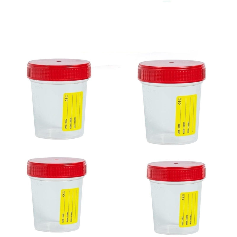 4 Sterile Urine Containers 120 ml with Screw Cap and Label - Urine Cups for Urine Culture Analysis, Hygienic Disposable | 100% Made in Italy