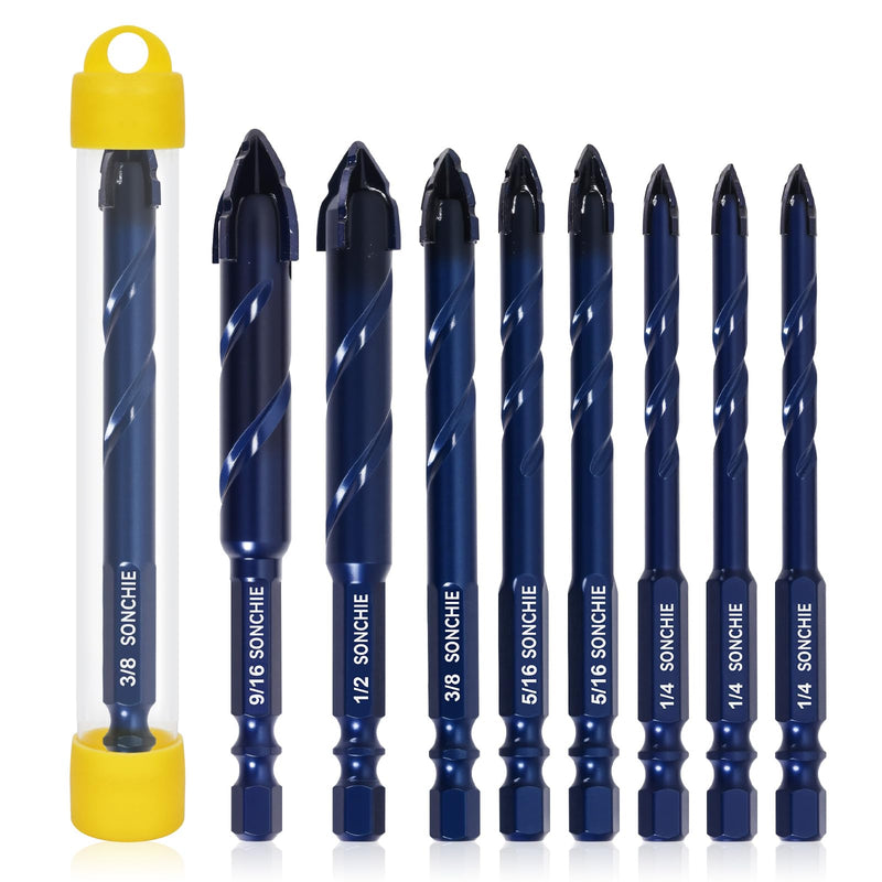 Upgraded SONCHIE Serrated Masonry Drill Bit Set - 1/4 to 9/16 Inch 8-Piece Set Industrial & HouseholdDrill Bit Set for Concrete/Tile/Glass/Brick/Ceramic/Plastic/Wood Blue Diamond 8-Pack