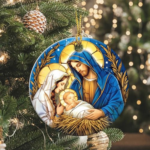 Nativity Night Ornaments Round Ceramic Stained Glass Style Birth of Jesus Christ Ornament Christmas Keepsake Decor for Christmas Tree Winter for Women Men Xmas Hanging Ornament 3" Nativity Night #H055