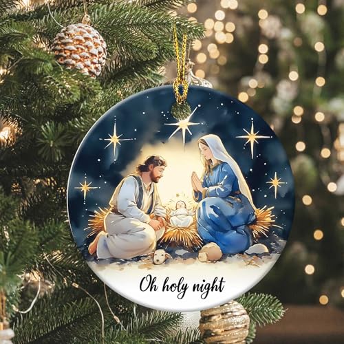Oh Holy Night Ornaments Round Ceramic Birth of Jesus Mary Joseph Christ Ornament Christmas Keepsake Decor for Christmas Tree Winter Holiday Xmas Gift for Women Men Xmas Hanging Ornament 3" Nativity Night #H056