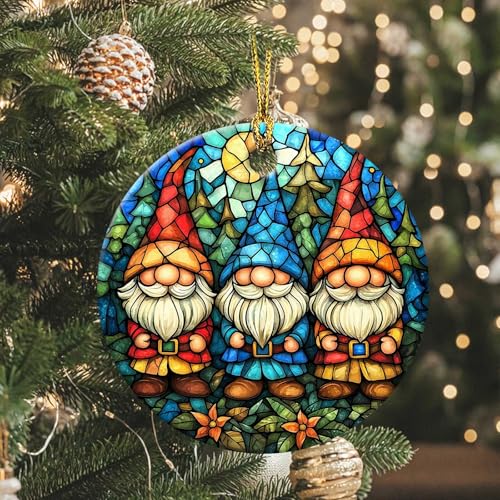 Christmas Gnome Ornament Round Ceramic Stained Glass Style Ornament Xmas Keepsake for Christmas Tree Winter Holiday Xmas Gift for Women Men Xmas Hanging Ornament 3" Christmas Gnome #H039