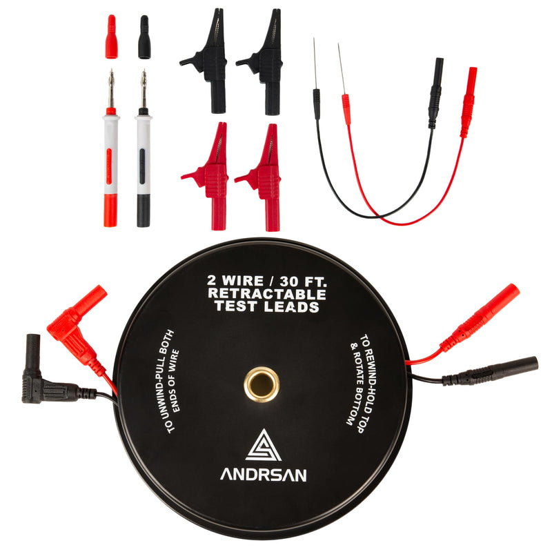 [Australia - AusPower] - 2 Wire 30 ft Retractable Test Leads with 4 mm Banana Plugs, 18 AWG Multimeter Test Leads with 4 Alligator Clips, 2 Test Probes and 2 Wire Piercing Probes, Test Lead Kit for Testing Electrical Circuits 