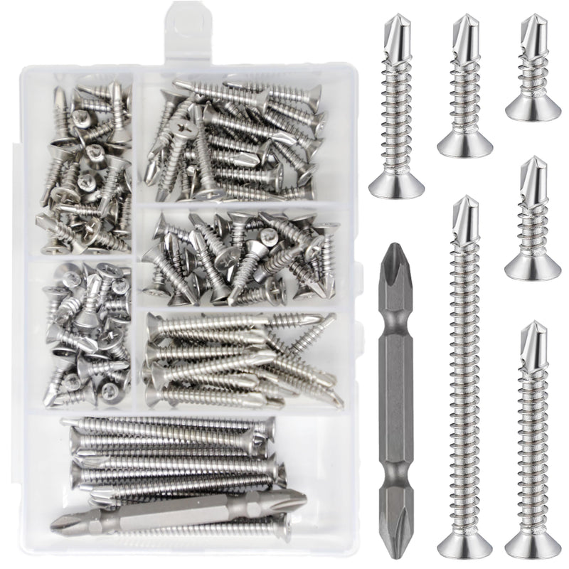 [Australia - AusPower] - Wensilon（105pcs） for Sheet Metal Self-Tapping Screws 410 Stainless Steel Flat Head High-Strength Quick self-Drilling Screws kit SS410 Flat Head Self-Tapping Screws 