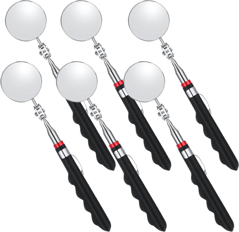 [Australia - AusPower] - 6 Pcs Extended Handle Telescopic Mirror Set - Car Inspection Mirror, 50mm Diameter, Round Handle, 360-Degree Rotation, Stainless Steel Universal Folding Telescopic Round Mirror (Black) 