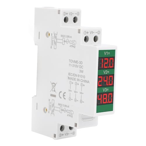 Garosa DIN rail voltmeter with 3-digit LCD display, DC 11V–310V range and switch output function