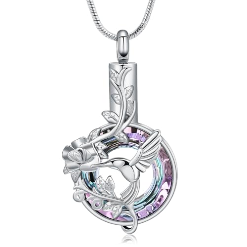 zeqingjw Crystal Hummingbird Cremation Urn Necklaces for Ashes Stainless Steel Urn Jewelry for Human Pets Keepsake Jewelry for Loved Ones Purple-Silver