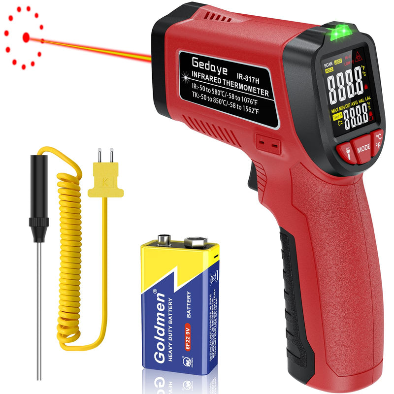 [Australia - AusPower] - Infrared Thermometer Gun, Gedaye Laser Temperature with IR Pointer 13:1, Meat Temp Gun with Metal Probe, Adjustable Emissivity, -58℉ to 1076℉, Heat Thermometer for Cooking Pizza Oven Grill Fridge BBQ Red 