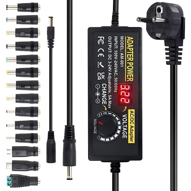 Adjustable Power Adapter 3-24V 5A 120W, Universal Power Supply 120W Adjustable Power Supply Adapter, 100V-240V AC to DC 5A Power Supply with LED Voltage Display and 5.5 x 2.5 mm 14 Tips & Polarity Cable