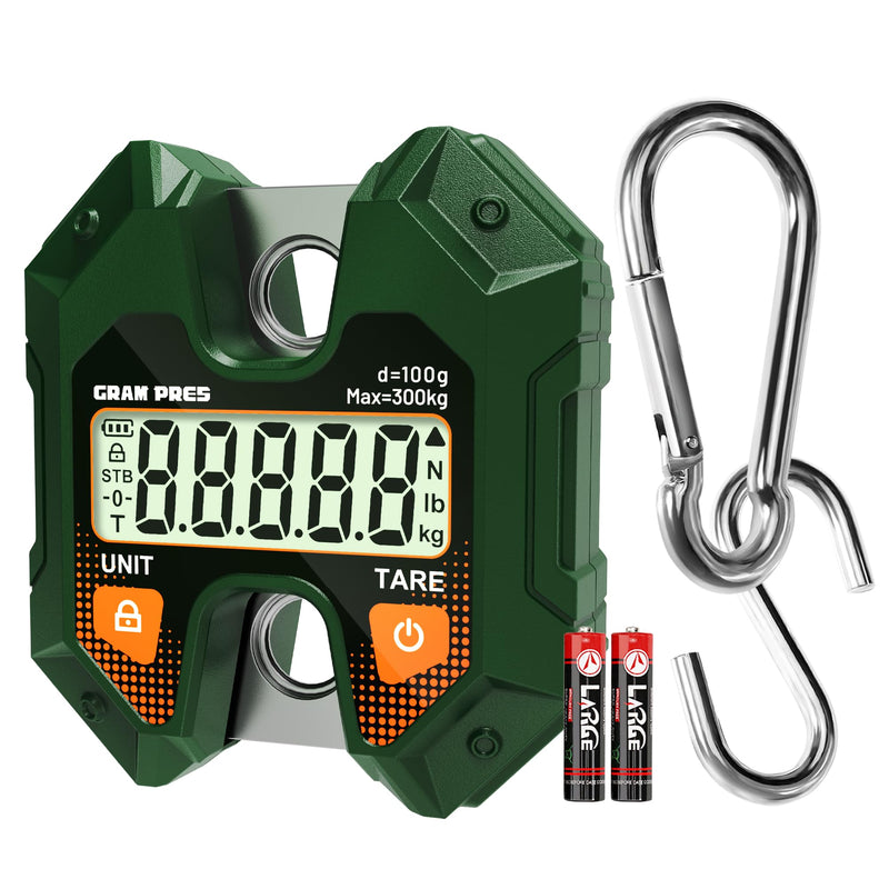 GRAM PRES Digital Hanging Scale 660LB/300KG,Handheld Mini Crane Scale,Deer Hunting Scales,Digital Luggage Scale with Hooks for Farm，Fishing, Fish, Meat，Game,Outdoor.