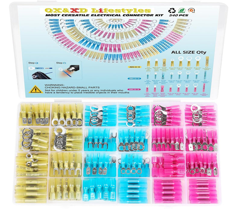 QX&XD 540PCS Heat Shrink Wire Connectors Kit, Waterproof Marine Grade Crimp Connectors, Tinned Copper Electrical Terminals, Butt Ring Fork Spade Hook, 22-10 AWG, 3 Colors