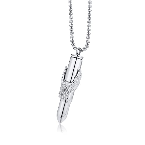 Stainless Steel Bullet Eagle Urn Necklace For Ashes Mens Cremation Urn Memorial Jewelry Silver