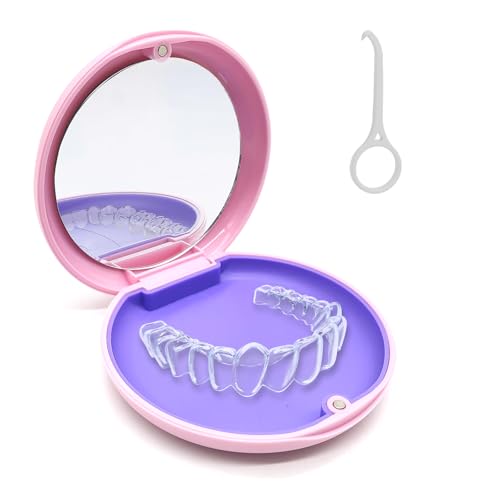 Braces Box, Portable Tooth Splint Box with Mirror, Empty Orthodontic Teeth Holder Box for Holder and Mouth Guard with Tool for Removing Aligners (Pink) Pink