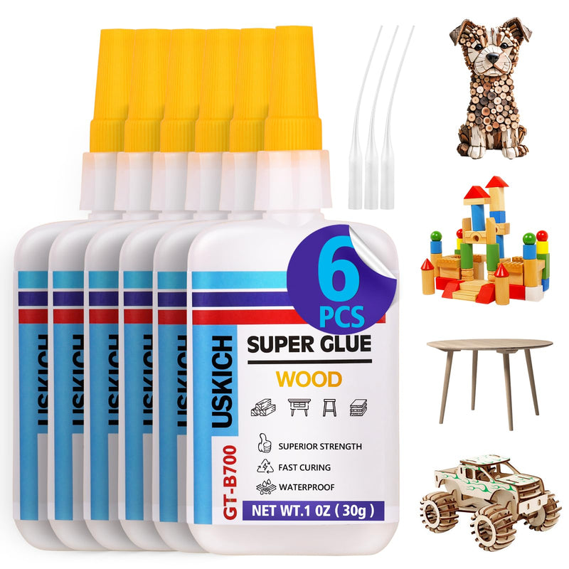 [Australia - AusPower] - Super Glue for Woodwork with Anti Clog Cap. 6 x 1 fl oz,CA Glue - Clear Adhesive Cyanoacrylate Glue for Furniture, Garden, Crafts, DIY, Metal to Wood, Quick Dry Wood-Glue 