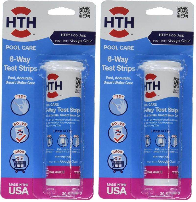 HTH 1276 Swimming Pool Care 6 Way Test Strips, Swimming Pool Water Chemical Tester, 30 Strips (Pack of 2)