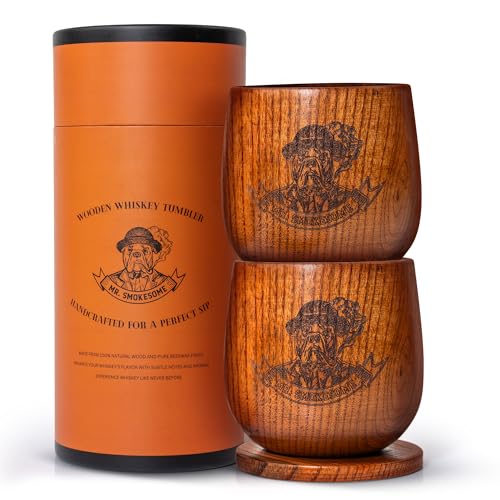 Wooden Bourbon Glass Set with Coasters | 10 fl oz Whiskey Glasses Set of 2 | Old Fashioned Glass in Gift Packaging | Whiskey Gifts for Men, Dad, or Brother | Home Bar Bourbon Gifts for Men 2 Pack