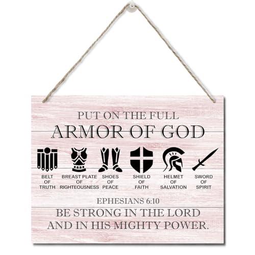 Printed Wood Plaque Sign Wall Hanging, Put on the Full Armor of God Quote Scripture Rustic Hanging Wall Plaque Wood Signs, Ephesians 6:10 Christian Sign F Color 07