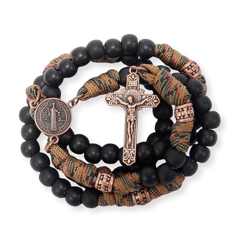 Nazareth Store Paracord Rosary Necklace 8mm Black Beads Antique Bronze Strong Rugged Corded Catholic Rosary with St.Michael Medal & Cross Crucifix Brown Paracord Copper St.Benedict