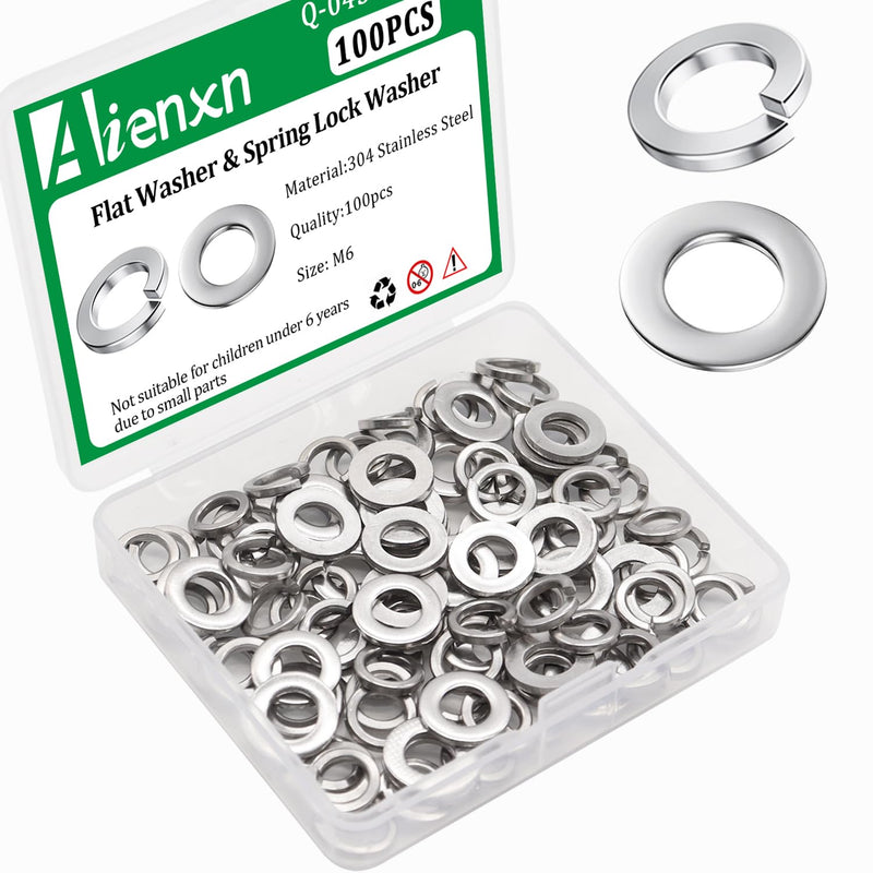 [Australia - AusPower] - 100PCS M6 Flat Washer and Spring Lock Washers, 50PCS Spring Lock Washers and 50PCS Flat Washers, 304 Stainless Flat Washers for Screws, M6 Washers for Bolts, Lock Washer Set M6 (100PCS) 