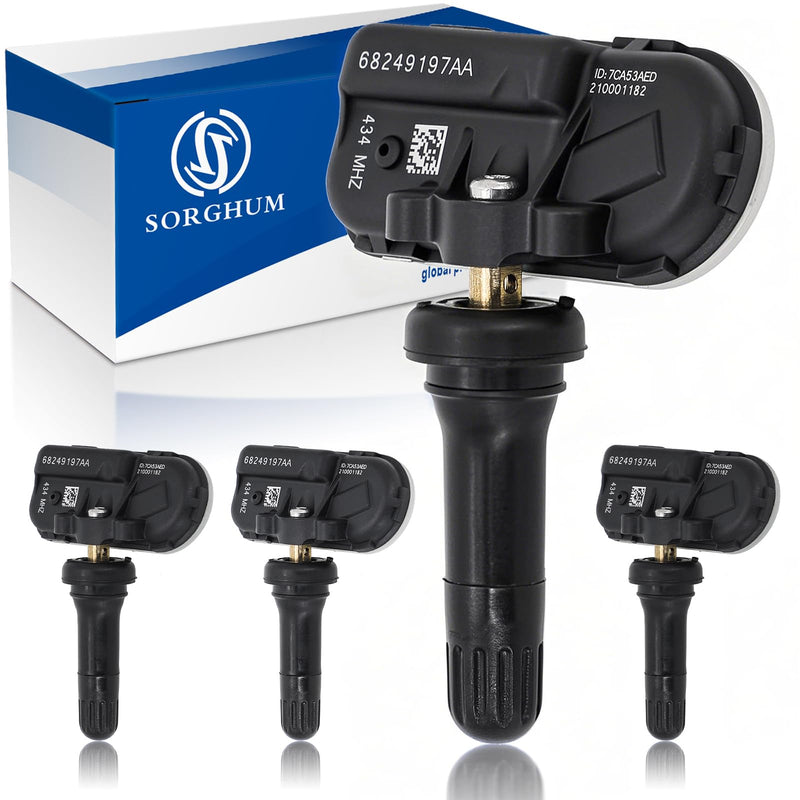 Sorghum Tire Pressure Monitoring System - Pre-Programmed TPMS Sensors 434MHz Compatible with 2014-2024 Ram 1500 2500 3500 Jeep Cherokee Replace# 68249197AA 68239720AA 68157568AA Set of 4 Standard