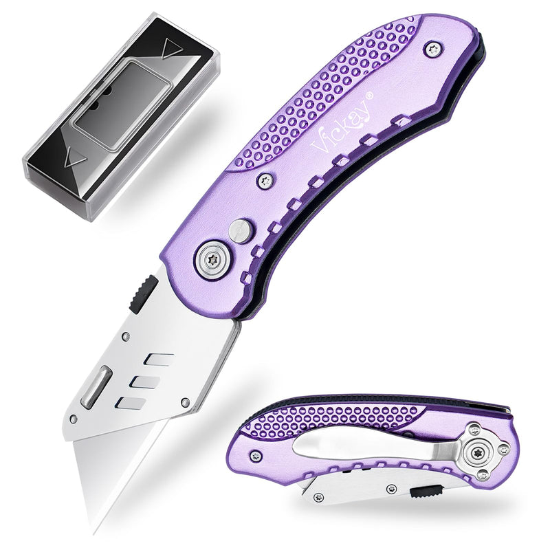 [Australia - AusPower] - Vickay Folding Utility Knife, Box Cutter with 5 SK5 Quick Change Blades, Safety Axis Lock Design Razor Knife, Lightweight Aluminum Handle Belt Clip for Office Home Artcraft （Light Purple) Light Purple 