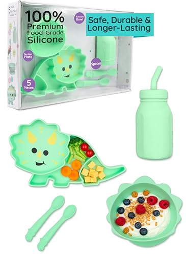 Melii 5-Piece Silicone Baby Feeding Set – Divided Suction Plate, Suction Bowl, Straw Cup & Spoons – Food-Grade Silicone, BPA-Free, Dishwasher & Microwave Safe, BLW Toddler Feeding Set, Dinosaur Design