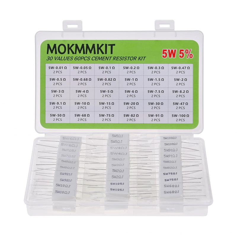 [Australia - AusPower] - 30 Values 60 Pieces Ceramic Cement Resistor KIT 5W Resistance 5 Watt ±5% Power Resistors (0.01 Ohm - 100 Ohm) 0.01Ω-100Ω 60 PCS 