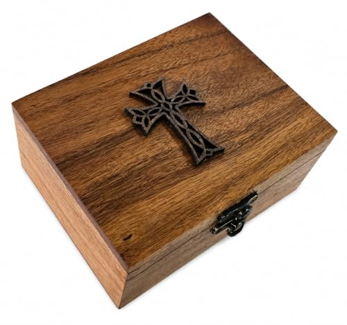 RK Collections Cross Rosary Box Made of Teak Wood | First Communion Jewelry Box | Trinket Box for Rosary Beads, Keepsakes, Small Jewelry and Mementos (5.75" x 4.75" x 2.5") 5.75" x 4.75" x 2.5"