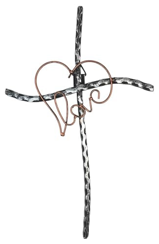 Top Brass Decorative Love/Heart Metal Wall Cross – Welded Wrought Iron with Rustic Copper and Silver Finish – Spiritual Art Sculpture – Weddings, Anniversaries, Valentines, I Love You Gift
