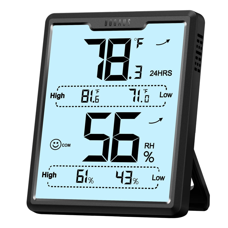 DOQAUS Digital Hygrometer Room Thermometer Indoor, Humidity Meter with Large LCD Display, Backlight Temperature Humidity Monitor with Max Min Records, Black Black with Backlit