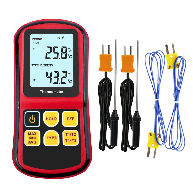 [Australia - AusPower] - Thermocouple Thermometer Digital K/J/T/E/R/S/N Type Thermocouple,Dual Channel Thermocouple Tester(-238~3212℉) with 4 K-Type Thermocouples LCD Display Temperature Tester Red 