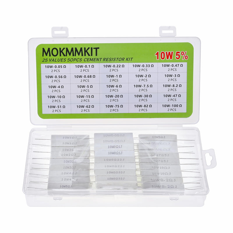 [Australia - AusPower] - 25 Values 50 Pieces Ceramic Cement Resistor KIT 10W Resistance 10 Watt ±5% Power Resistors (0.05 Ohm - 100 Ohm) 0.05Ω-100Ω 50PCS 