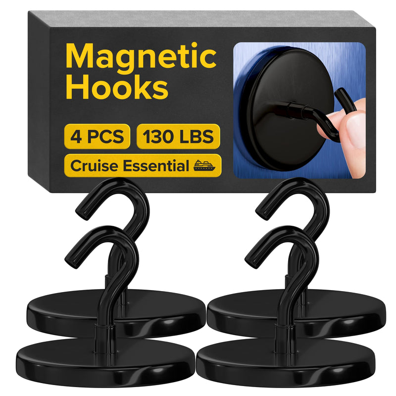 [Australia - AusPower] - X-bet MAGNET Magnetic Hooks 130 LBS (Pack of 4 Black) - Heavy Duty Neodymium Hooks for Cruise Cabins - Strong Rare Earth Magnets for Hanging on Refrigerator, Grill, Cruise Cabin Walls 4 Pack 130 lbs, Black 