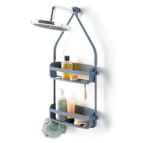 Umbra Flex shower caddy with two hanging shelves in slate blue for bathroom organization and storage.