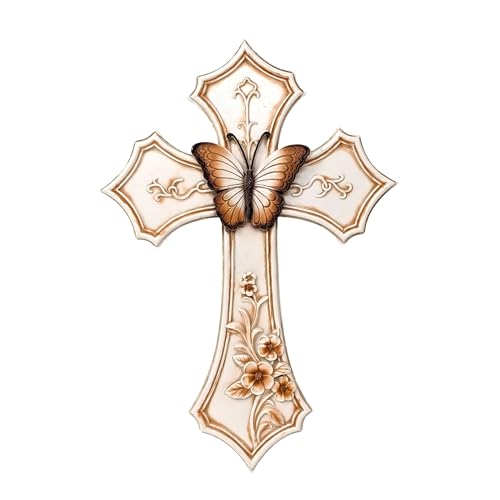 Elegant White Cross with Butterfly and Floral Design - Resin Wall Art Panel