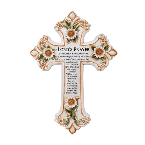 AMAJY Cross with Flower and Lord's Prayer - Religious Resin Wall Art Panel